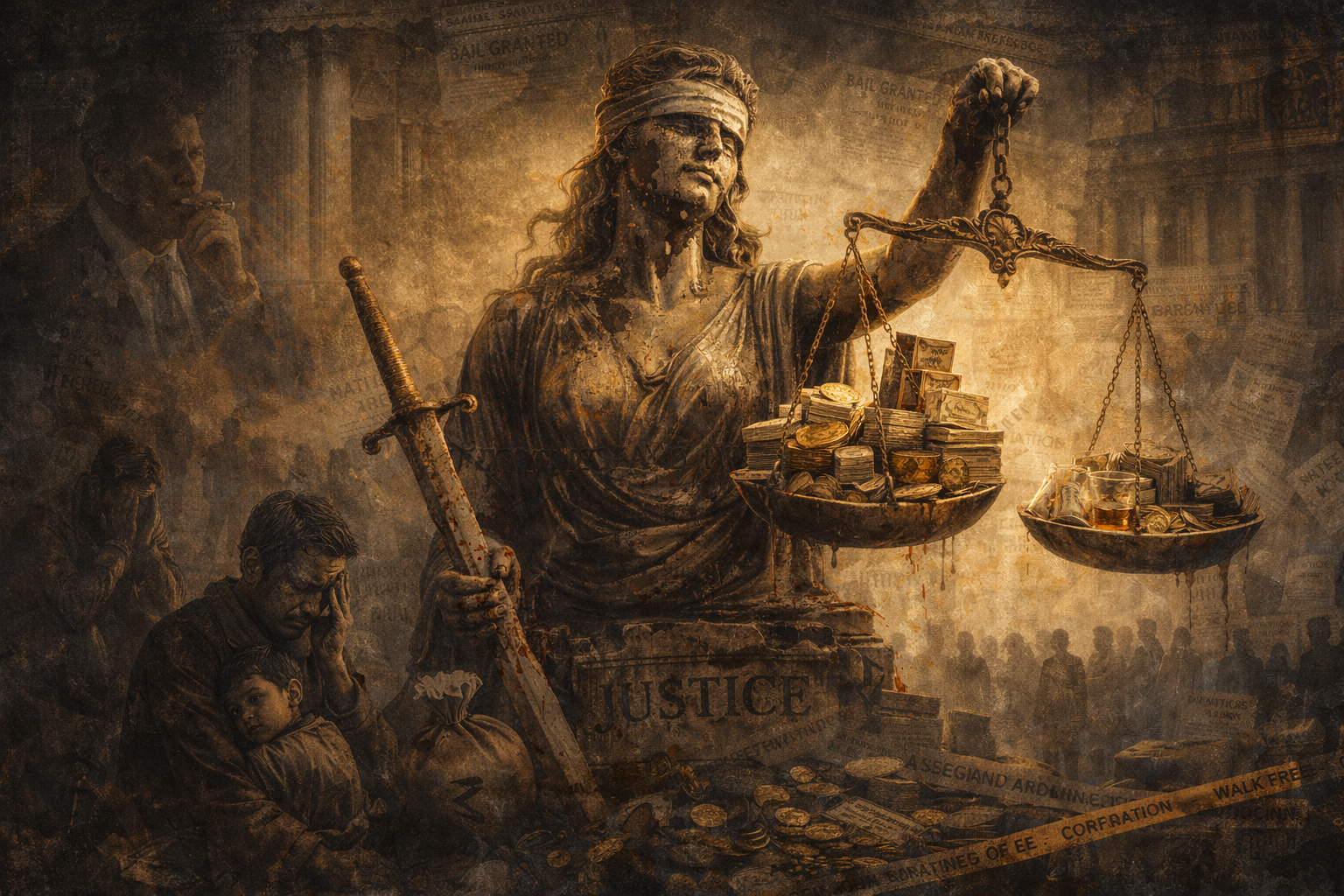 Lady Justice holding uneven scales amid money, court records, and families affected by wrongful imprisonment.