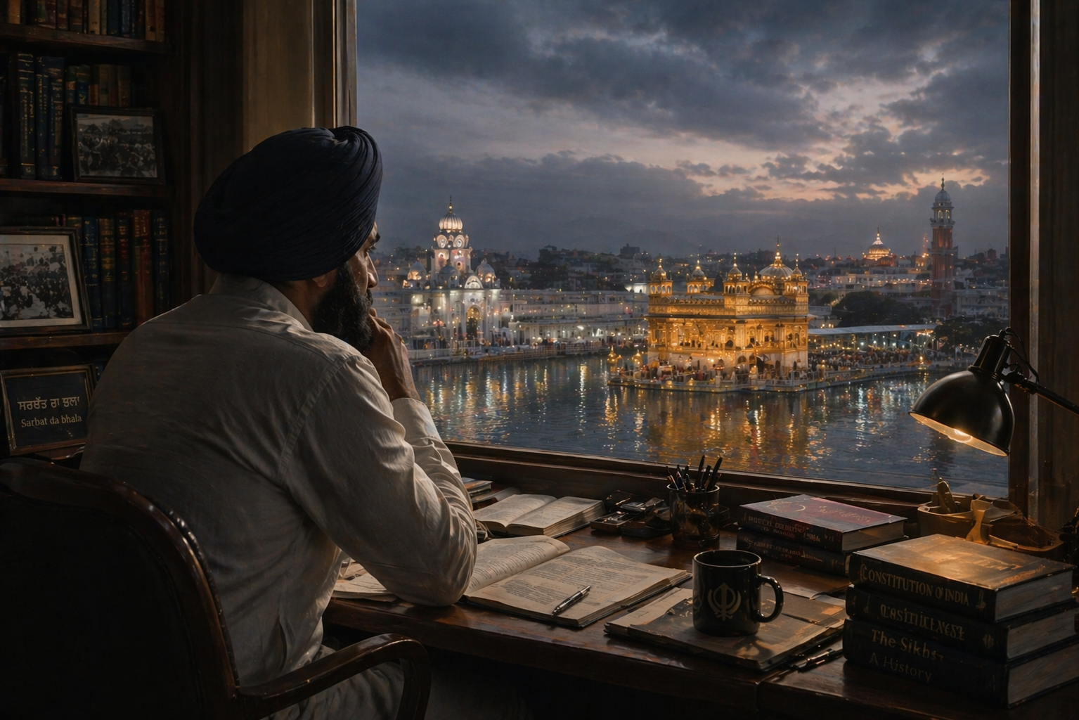 A Sikh scholar seated at a desk, looking out toward the Golden Temple at dusk.