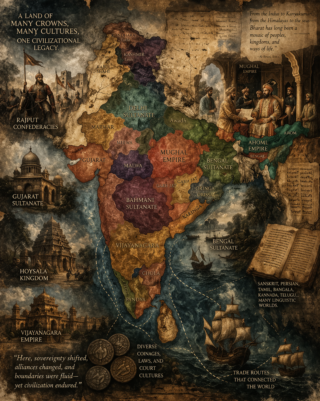 Illustrated historical map of India showing multiple regional polities, trade routes, and courtly scenes.