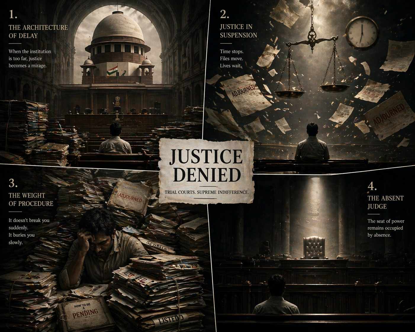 Collage-style image of court delay, adjourned files, an empty judge's seat, and a litigant buried under procedure.