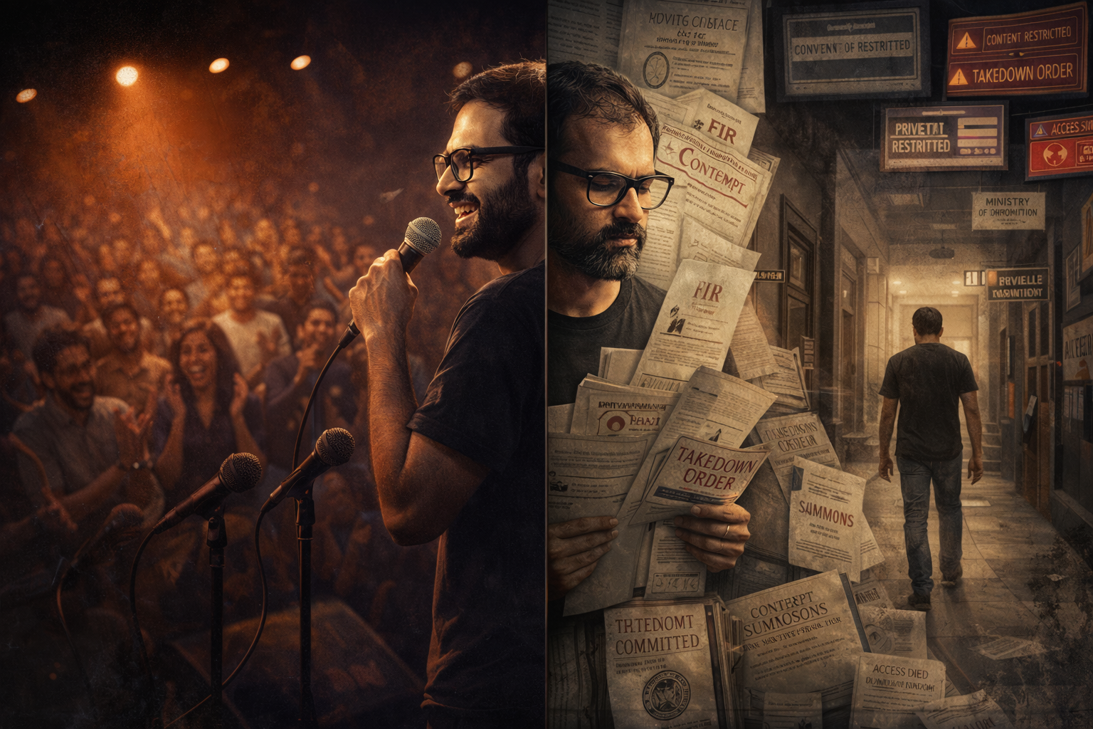 Split image of Kunal Kamra performing on stage and facing a corridor of legal notices and takedown orders.