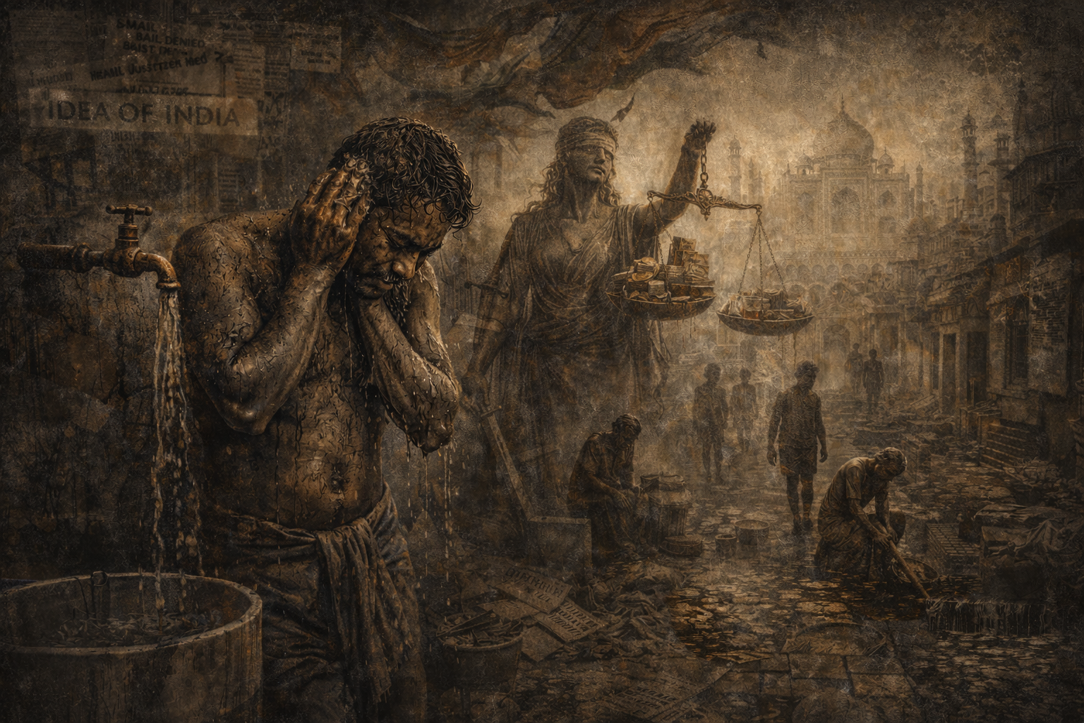 Manual sanitation workers in a bleak urban scene, with law and hierarchy looming in the background.