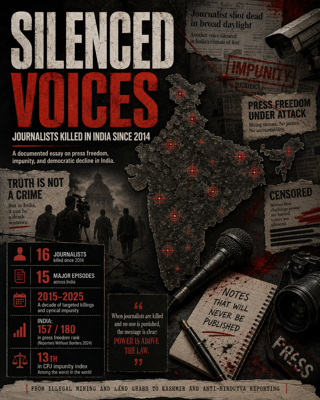 Dark collage-style cover showing the title Silenced Voices, a marked map of India, press equipment, and text panels about impunity and attacks on journalists.