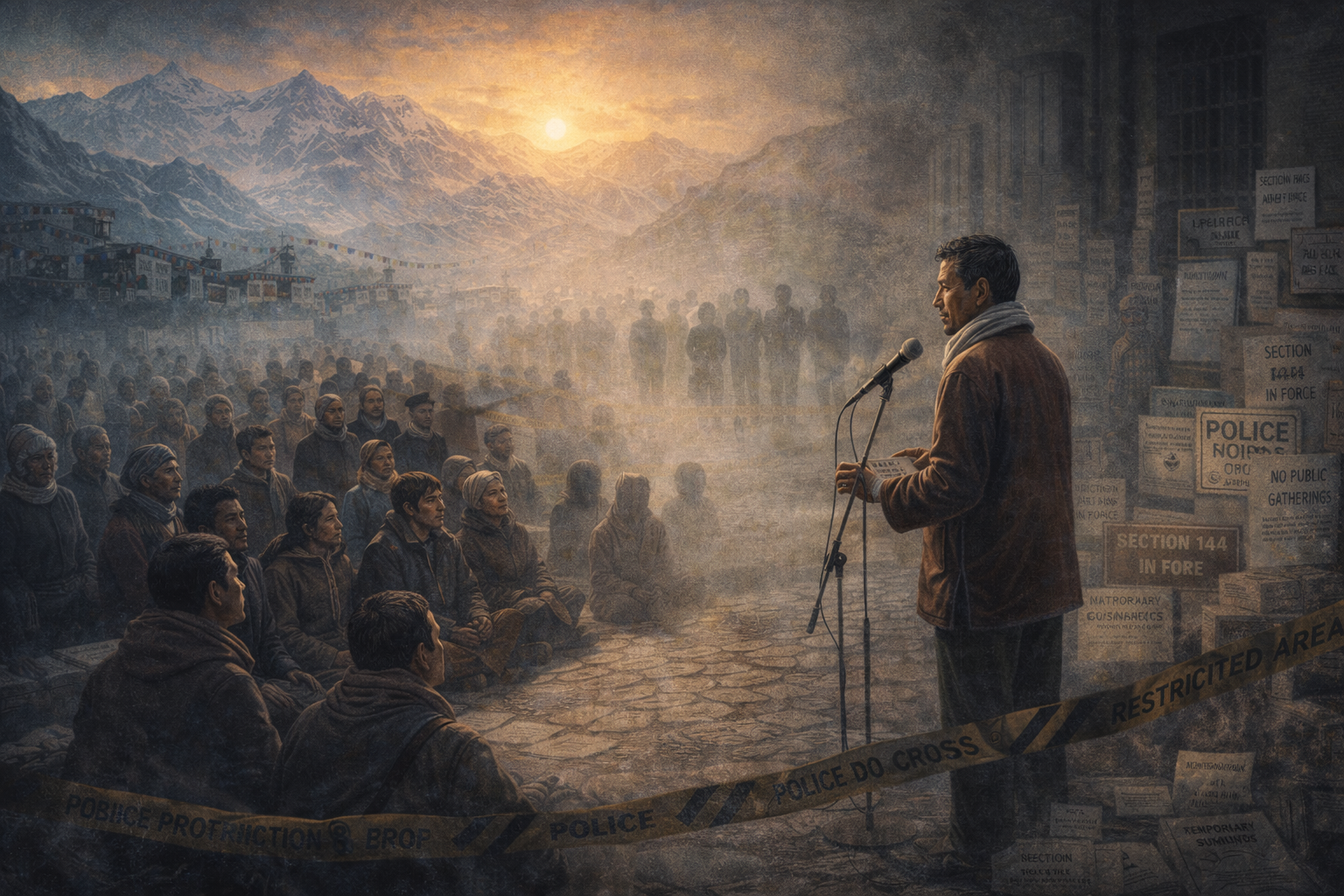 Sonam Wangchuk addressing a crowd against a mountain backdrop, framed by protest restrictions and police notices.