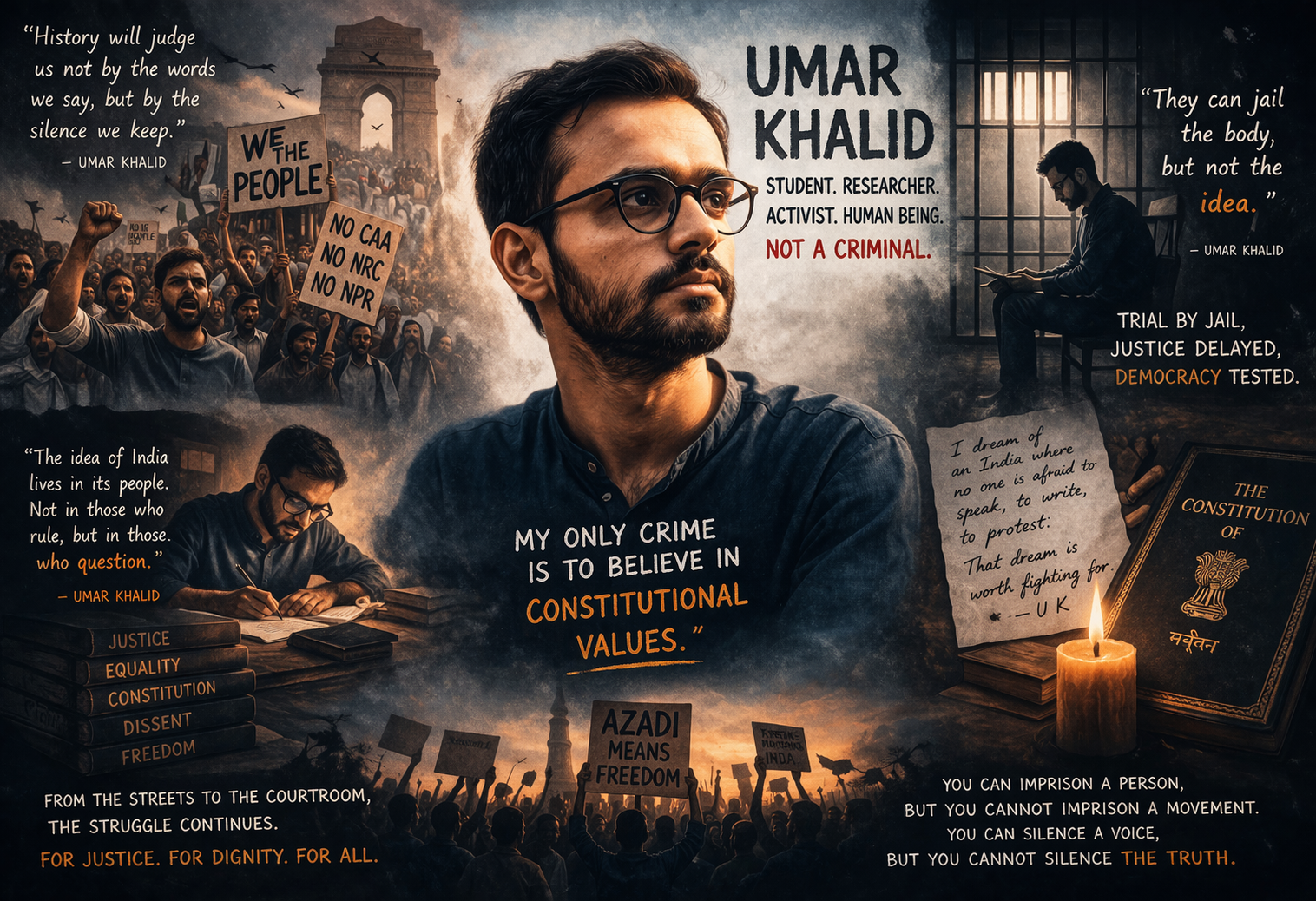 Poster-style portrait of Umar Khalid framed by protest imagery, prison bars, and constitutional themes.